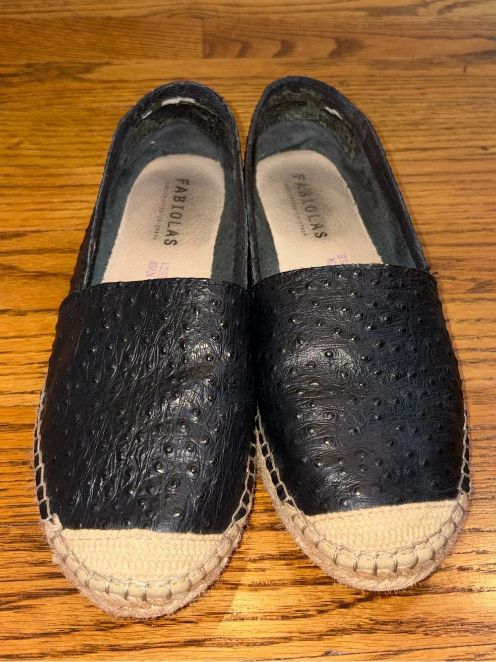Fabiolas Black Leather Ostrich Pattern Espadrilles